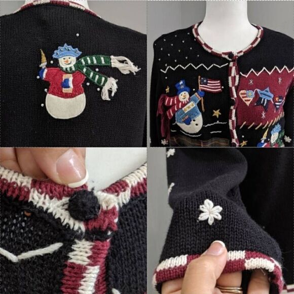 Ugly Christmas Sweater Black Holiday Patriotic Snowman Cardigan Crewneck Size MP - Picture 6 of 8